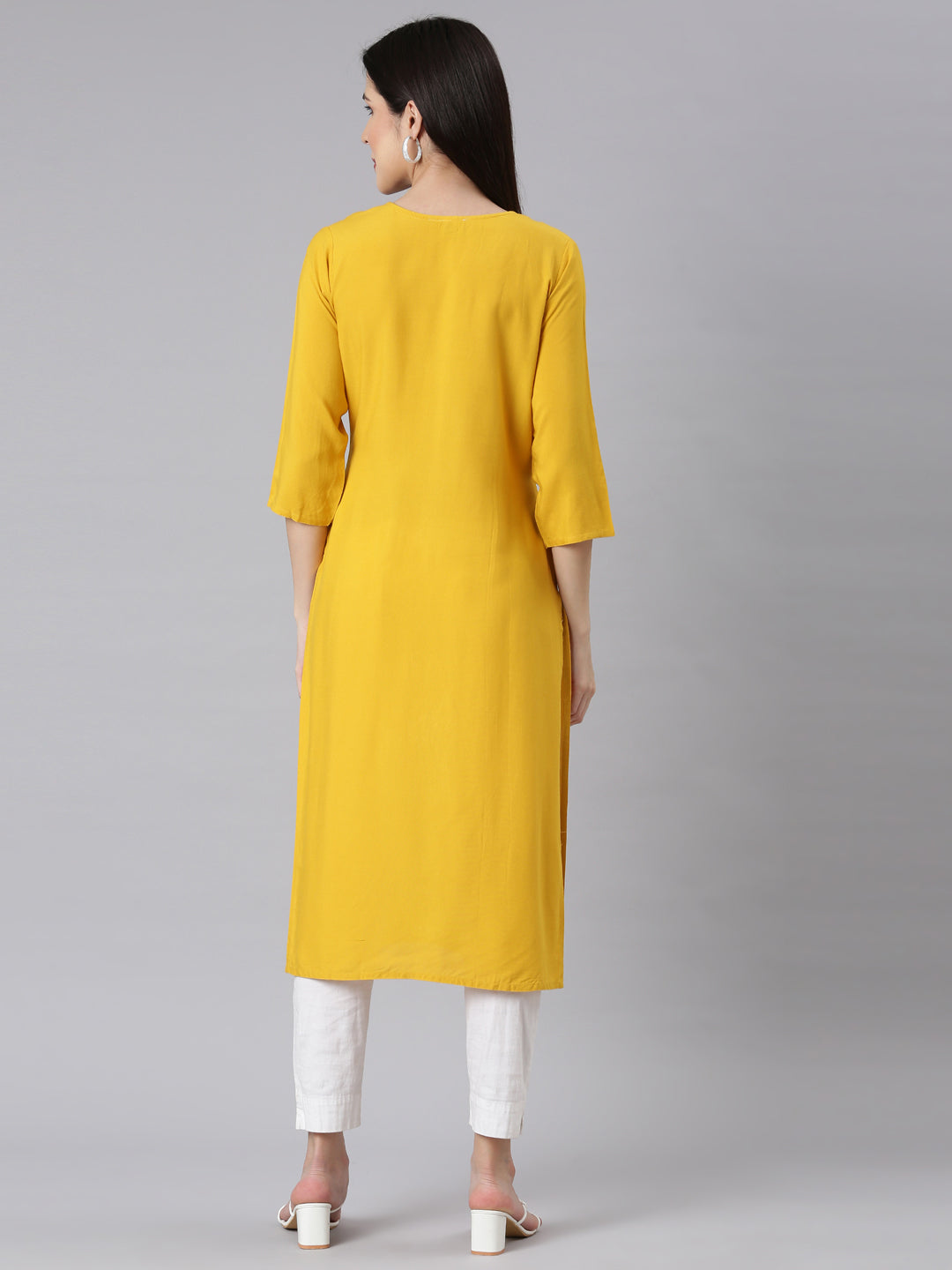 Neerus Mustard Panelled Straight Embellished Kurtas