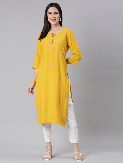 Neerus Mustard Panelled Straight Embellished Kurtas