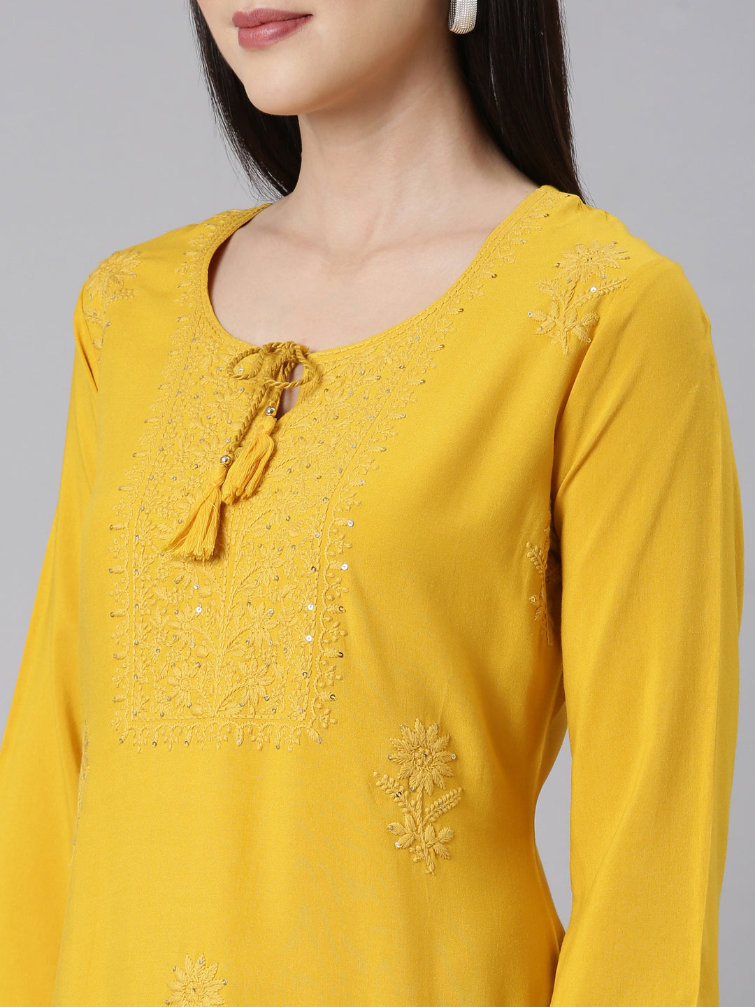 Neerus Mustard Panelled Straight Embellished Kurtas