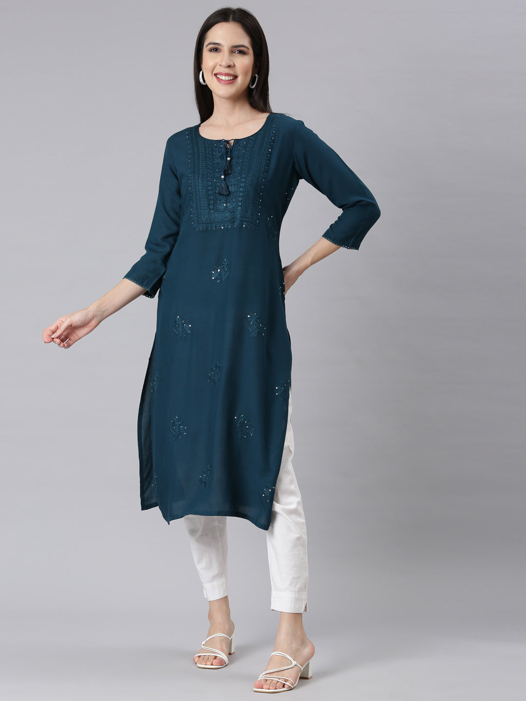 Neerus Peacock Panelled Straight Embellished Kurtas