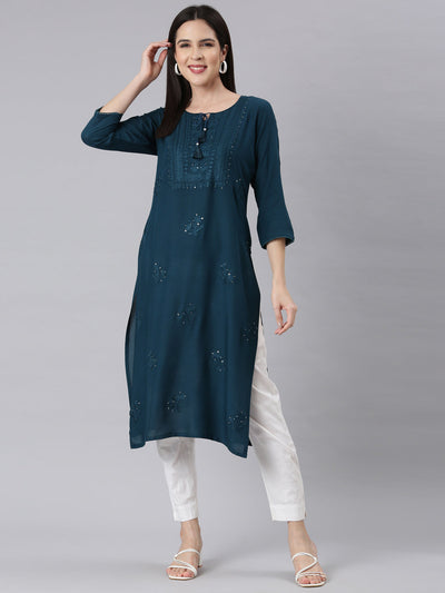 Neerus Peacock Panelled Straight Embellished Kurtas