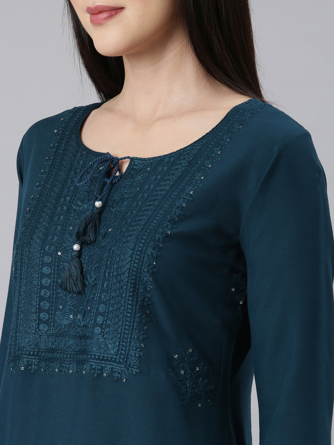 Neerus Peacock Panelled Straight Embellished Kurtas