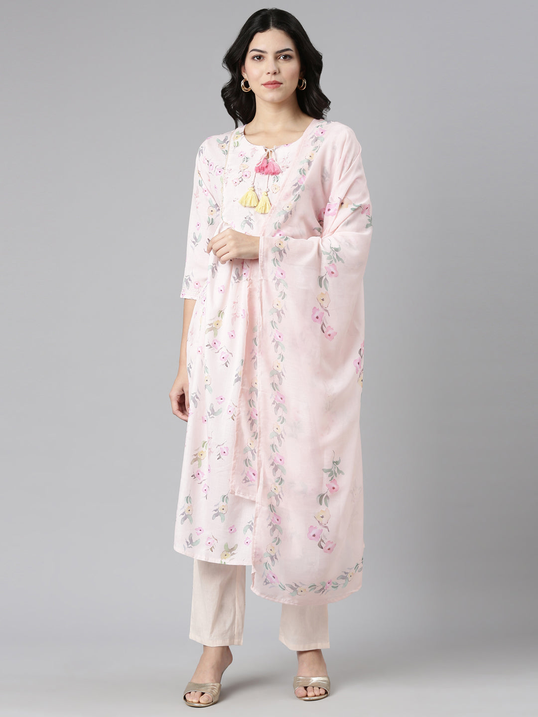 Neeru's Peach Pleated Straight Printed Kurta And Trousers With Dupatta