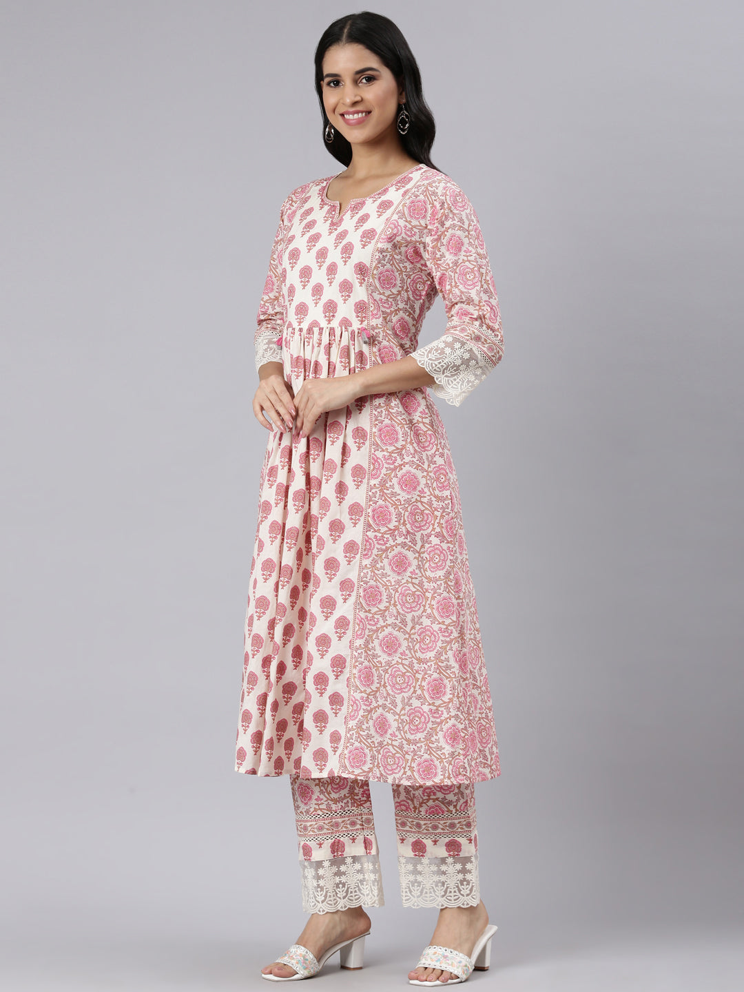 Neerus Pink Pleated Straight Printed Kurta and Trousers With Dupatta