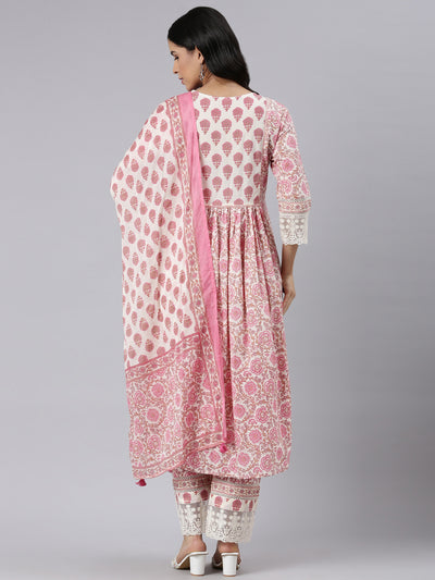 Neerus Pink Pleated Straight Printed Kurta and Trousers With Dupatta