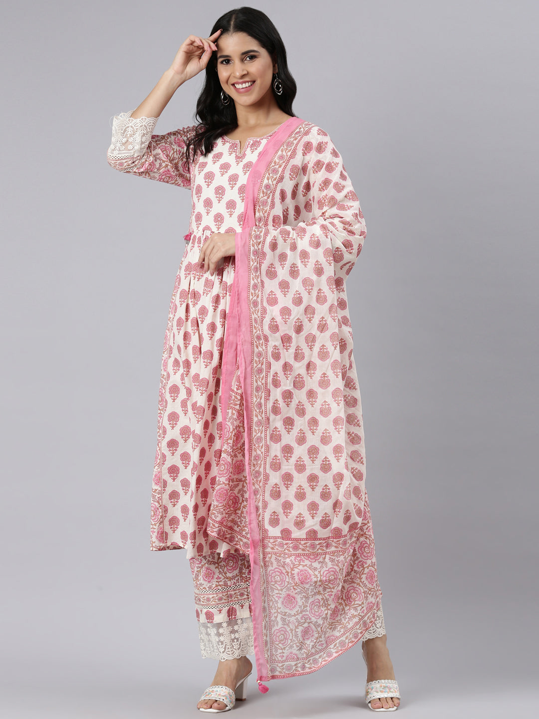 Neerus Pink Pleated Straight Printed Kurta and Trousers With Dupatta