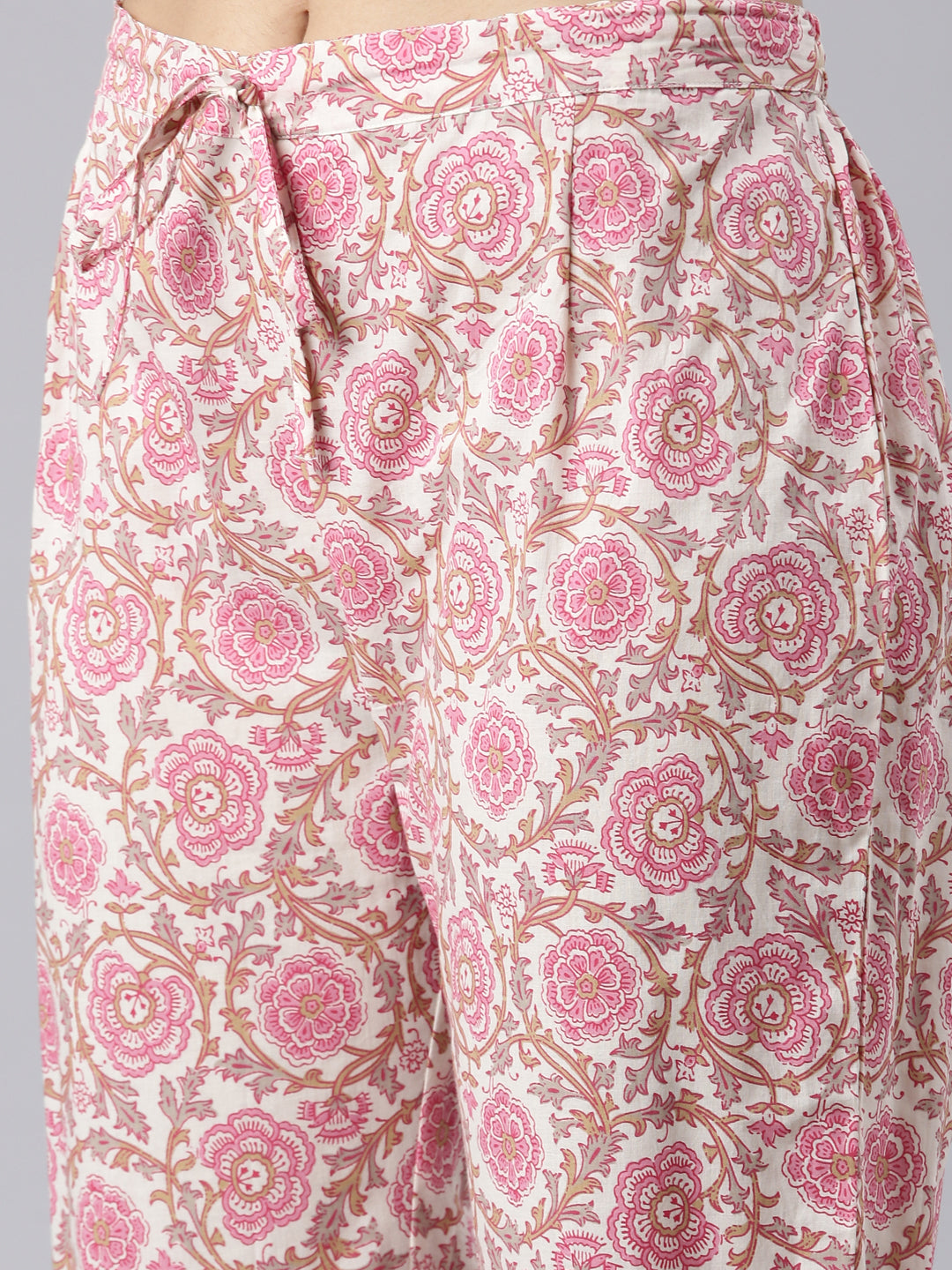 Neerus Pink Pleated Straight Printed Kurta and Trousers With Dupatta