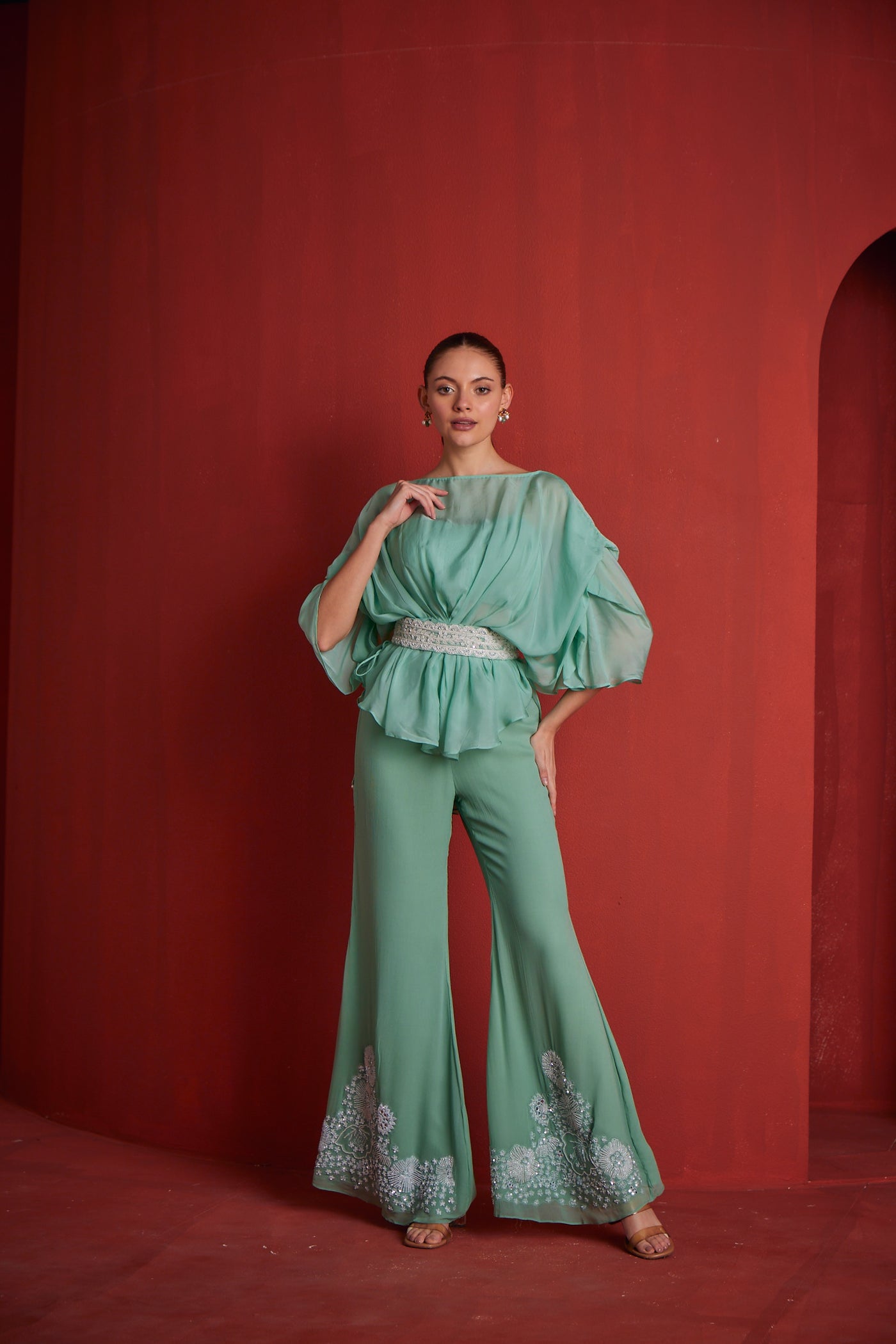 Neeru's Womens Sea Green Fusion Suit Set