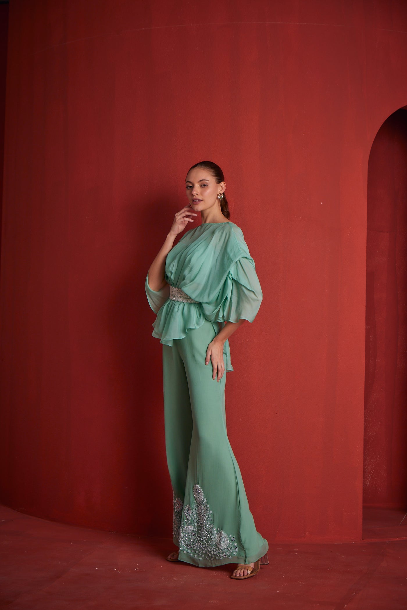 Neeru's Womens Sea Green Fusion Suit Set