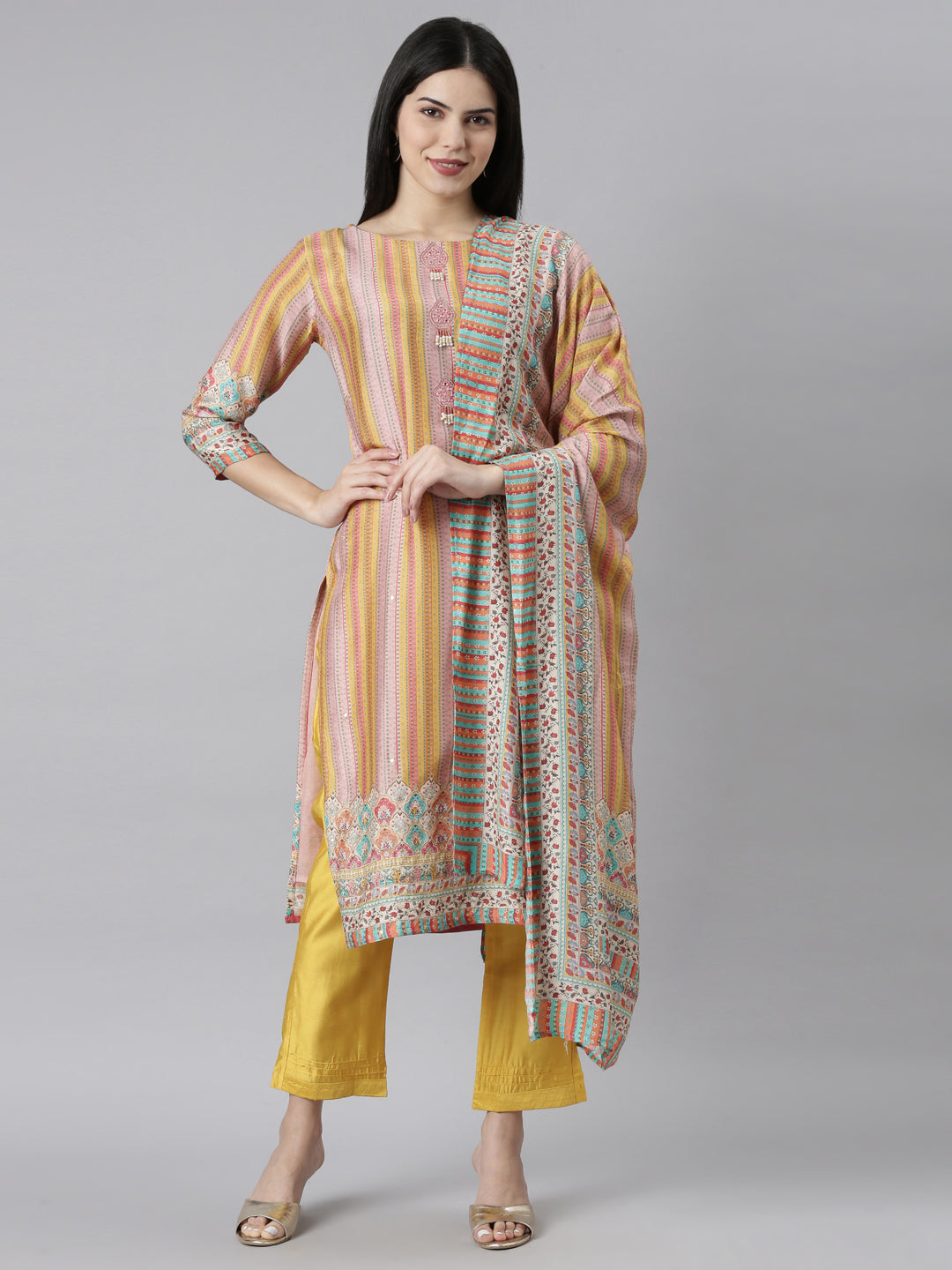 Neeru's Mustard Regular Straight Chevron Readymade suits