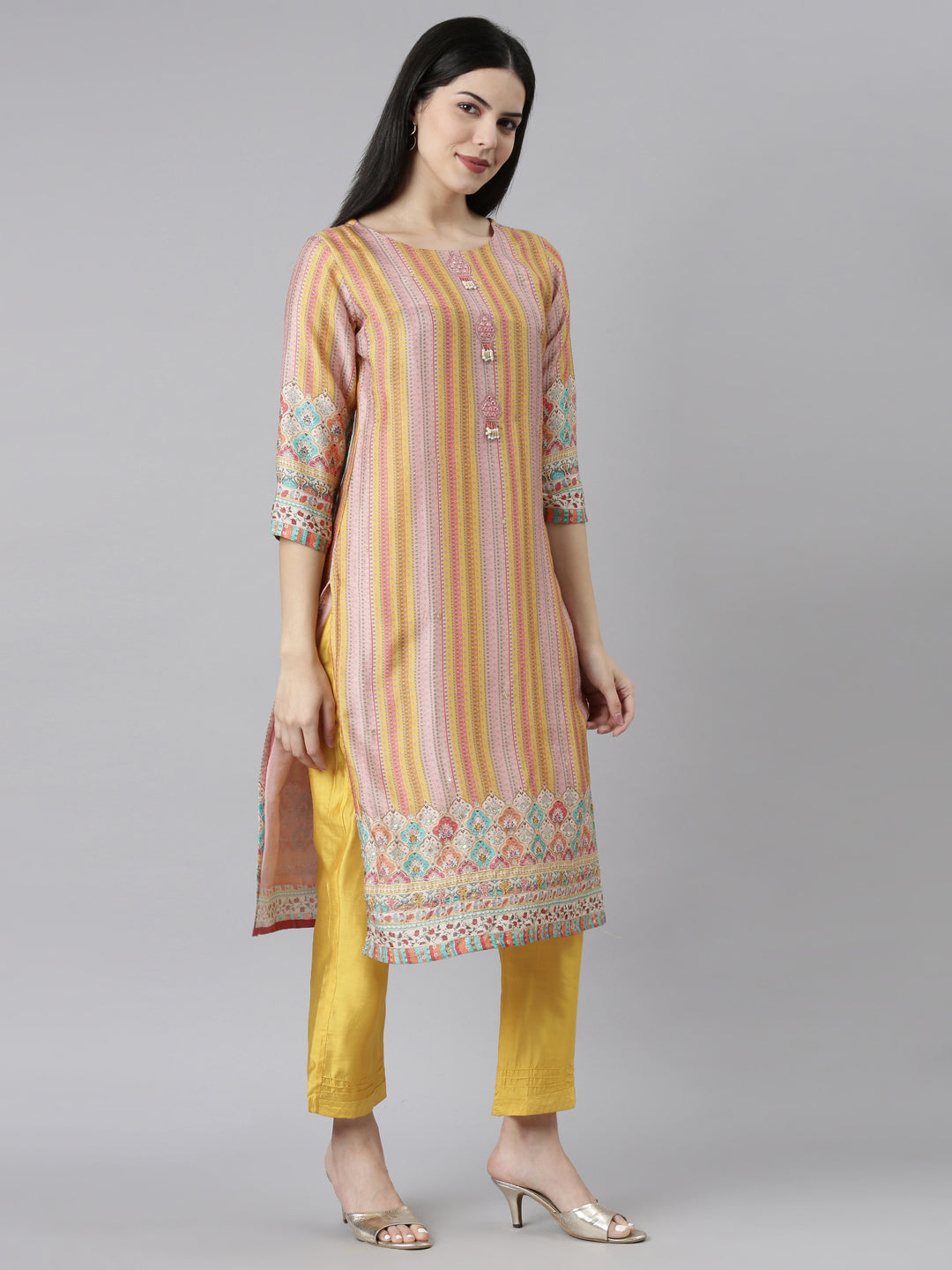 Neeru's Mustard Regular Straight Chevron Readymade suits