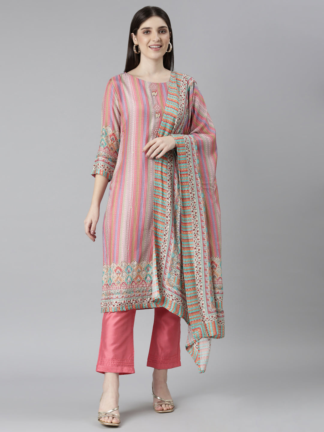 Neeru's Pink Regular Straight Chevron Kurta And Trousers With Dupatta