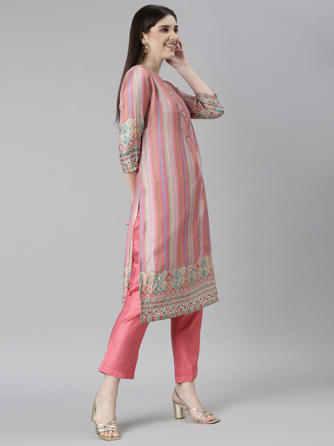 Neeru's Pink Regular Straight Chevron Kurta And Trousers With Dupatta