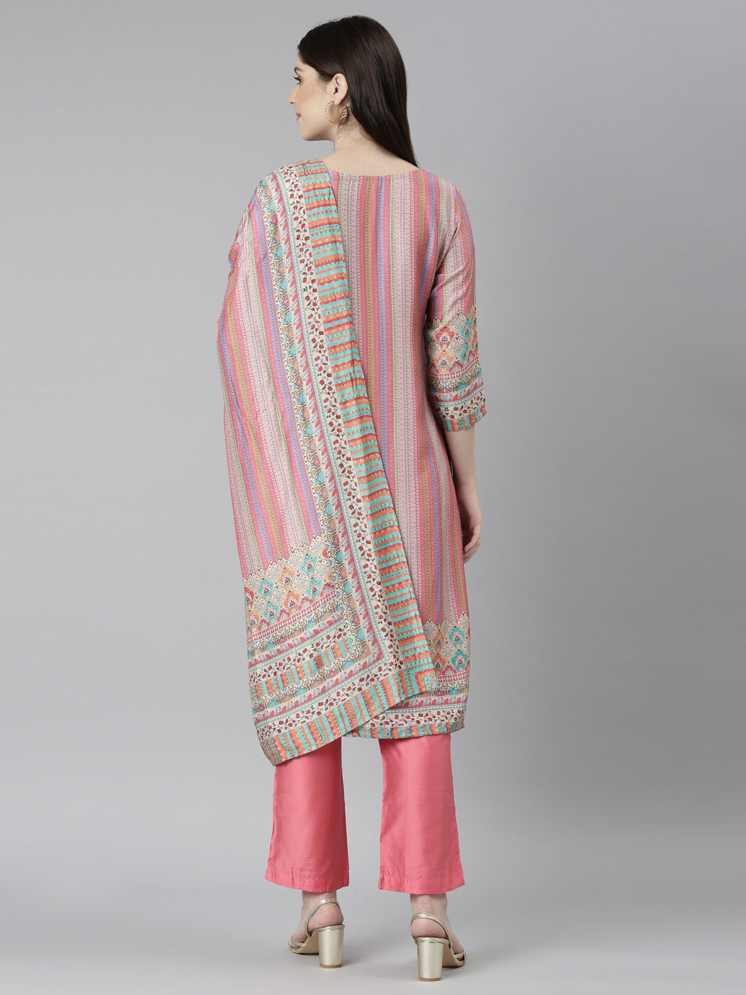 Neeru's Pink Regular Straight Chevron Kurta And Trousers With Dupatta