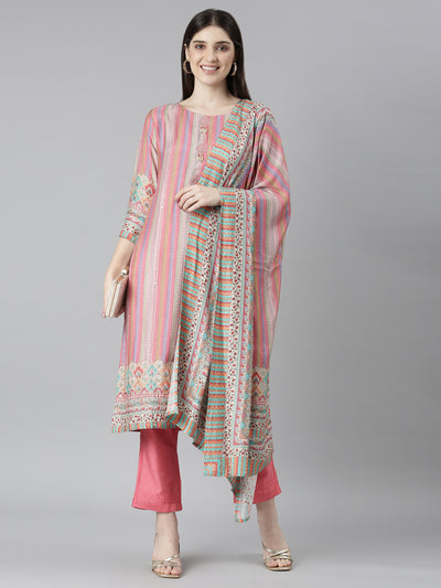 Neeru's Pink Regular Straight Chevron Kurta And Trousers With Dupatta