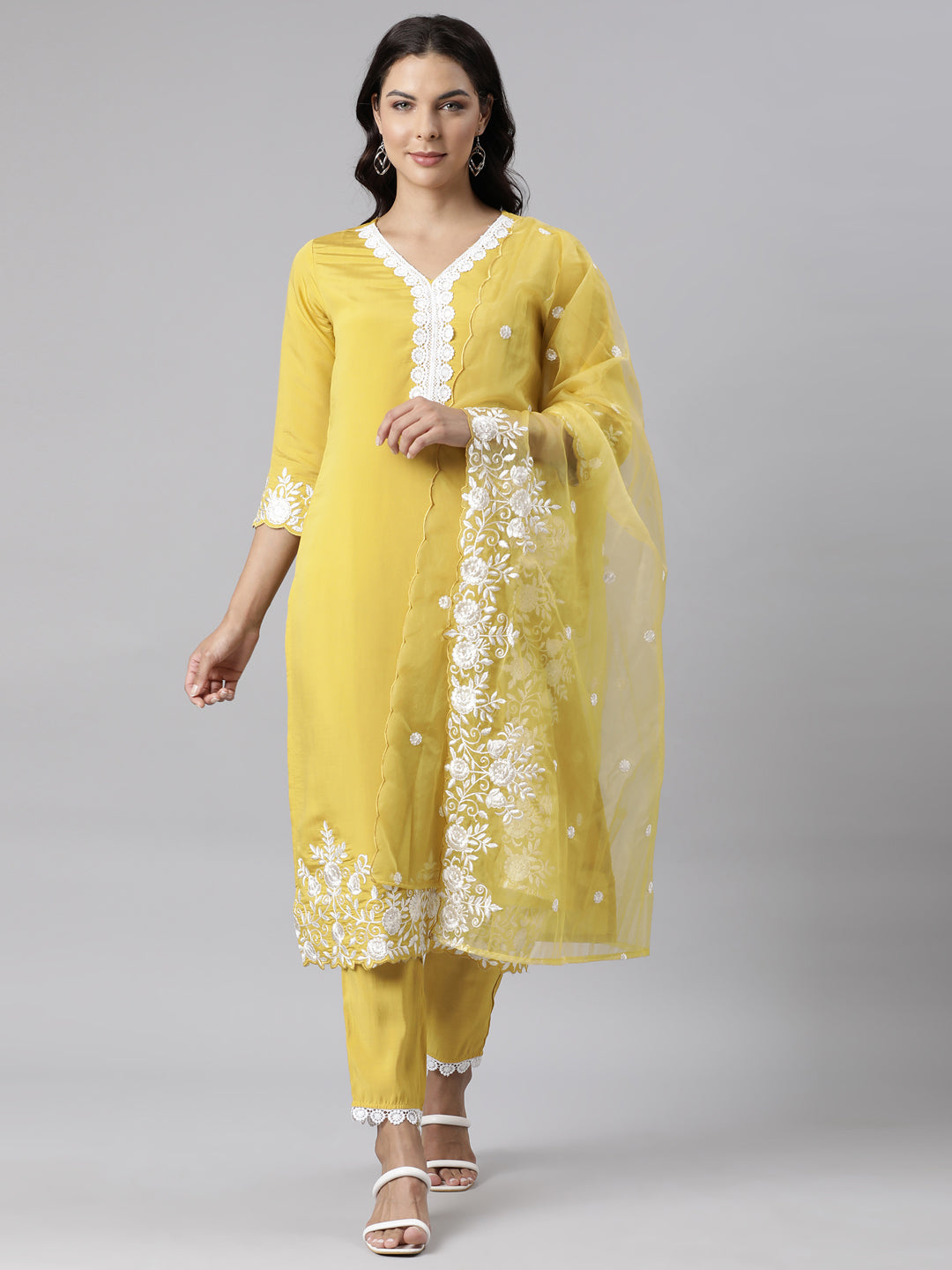 Neerus Yellow Panelled Straight Yoke Design Kurta And Trousers With Dupatta