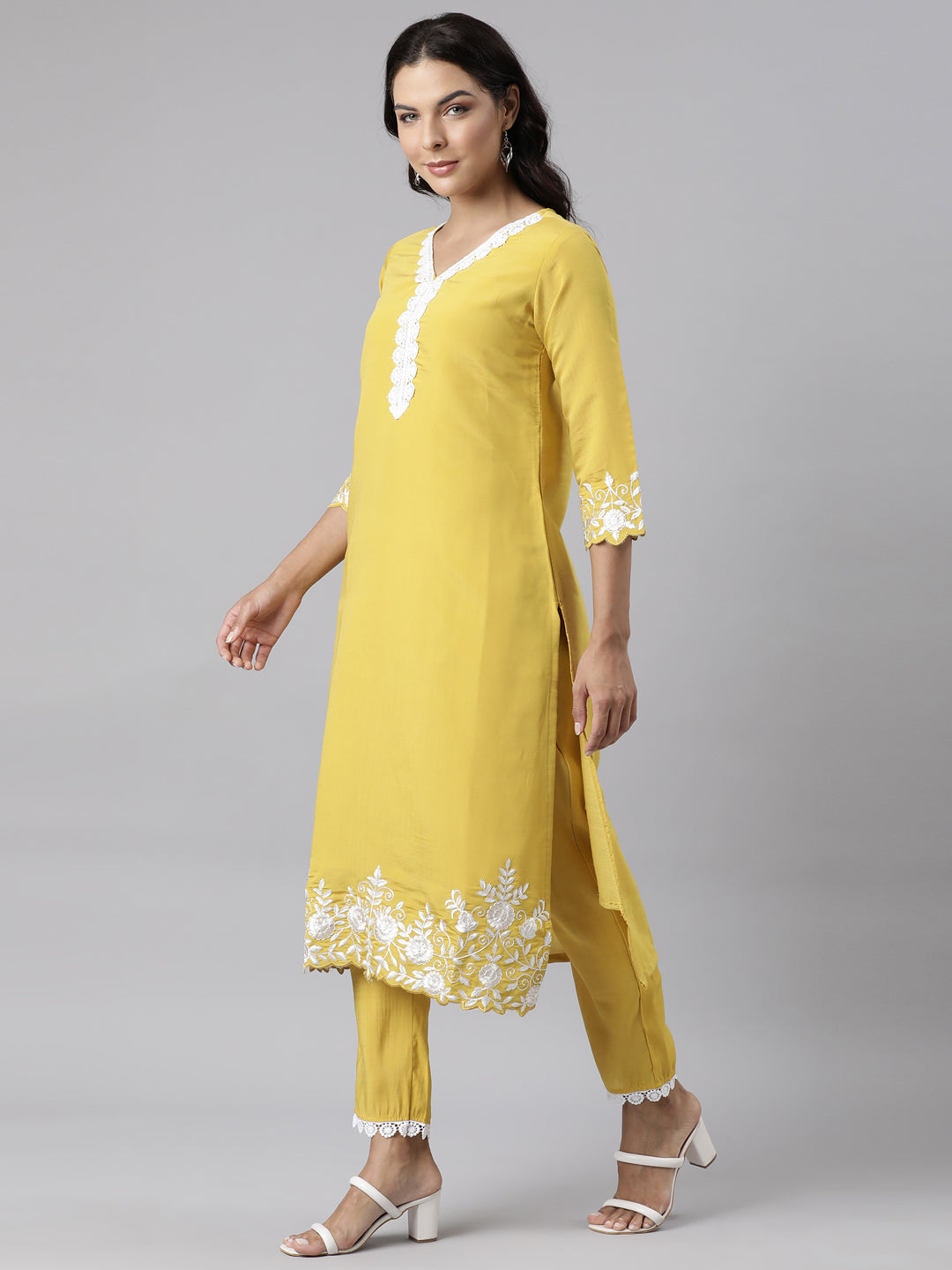 Neerus Yellow Panelled Straight Yoke Design Kurta And Trousers With Dupatta