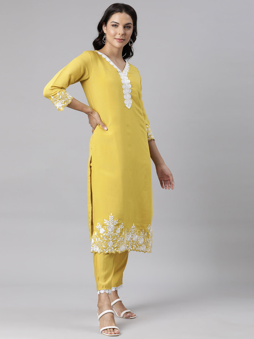 Neerus Yellow Panelled Straight Yoke Design Kurta And Trousers With Dupatta