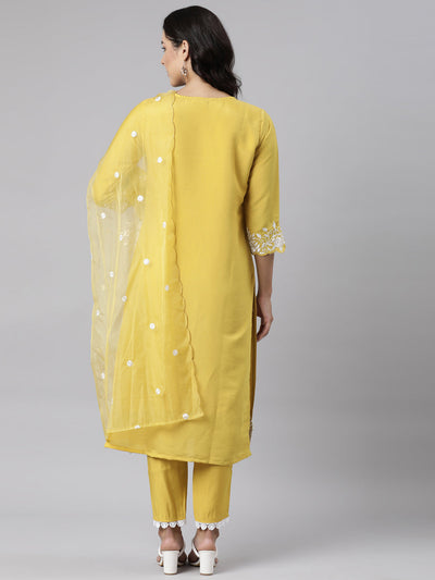 Neerus Yellow Panelled Straight Yoke Design Kurta And Trousers With Dupatta