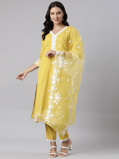 Neerus Yellow Panelled Straight Yoke Design Kurta And Trousers With Dupatta