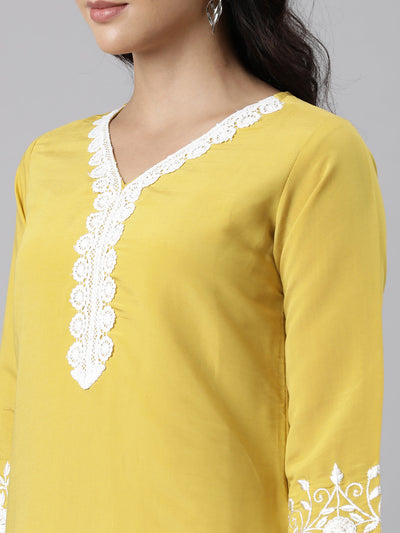 Neerus Yellow Panelled Straight Yoke Design Kurta And Trousers With Dupatta