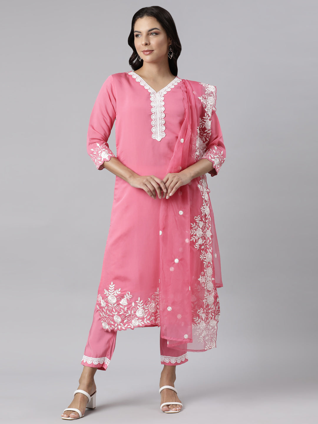 Neerus Pink Panelled Straight Yoke Design Kurta And Trousers With Dupatta