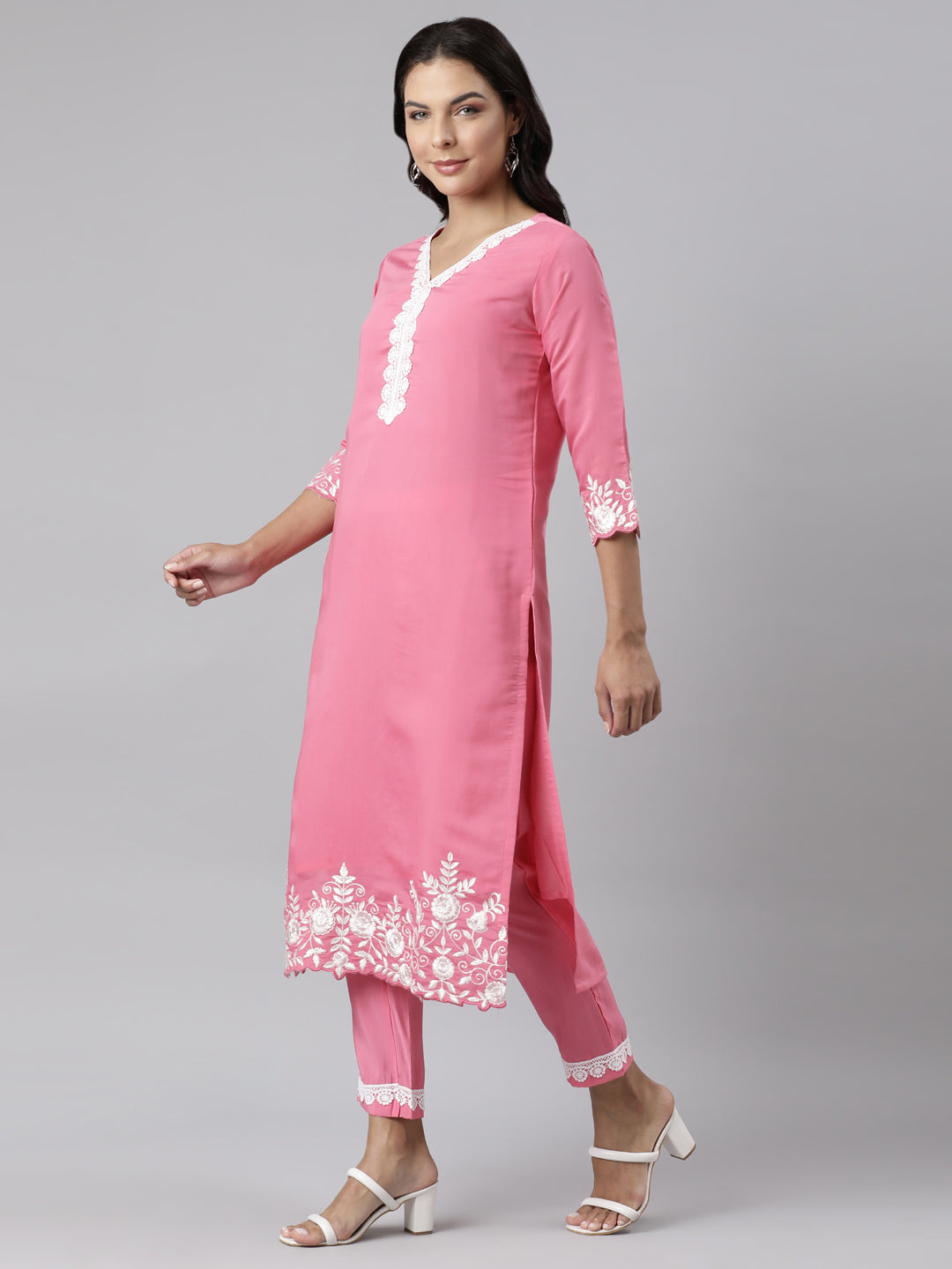 Neerus Pink Panelled Straight Yoke Design Kurta And Trousers With Dupatta