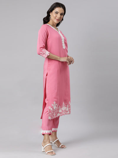 Neerus Pink Panelled Straight Yoke Design Kurta And Trousers With Dupatta