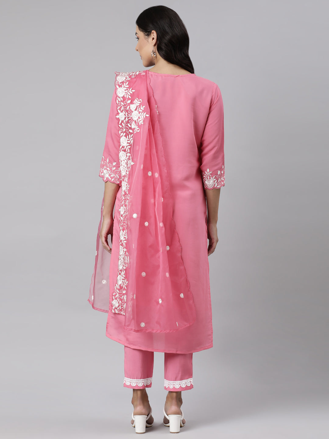 Neerus Pink Panelled Straight Yoke Design Kurta And Trousers With Dupatta