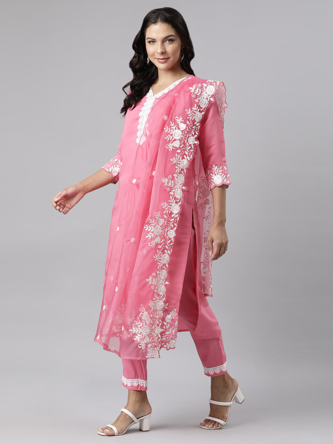 Neerus Pink Panelled Straight Yoke Design Kurta And Trousers With Dupatta