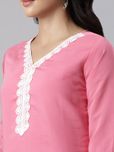 Neerus Pink Panelled Straight Yoke Design Kurta And Trousers With Dupatta