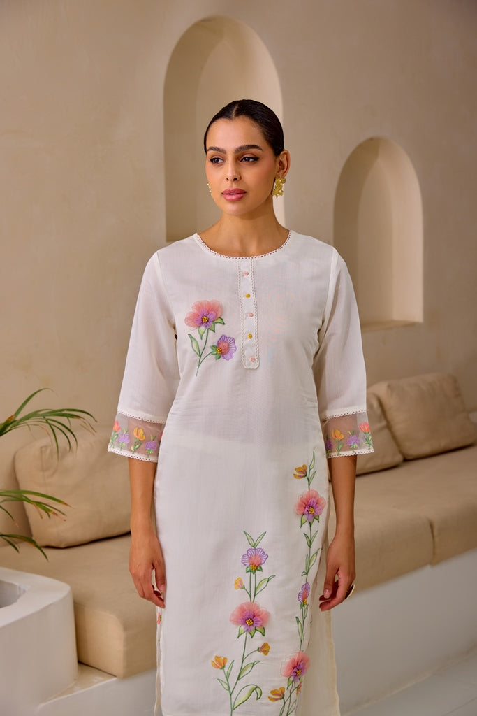 Neerus White Straight Embroidery Kurta And Trousers With Dupatta