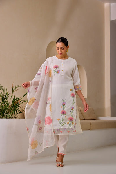 Neerus White Straight Embroidery Kurta And Trousers With Dupatta