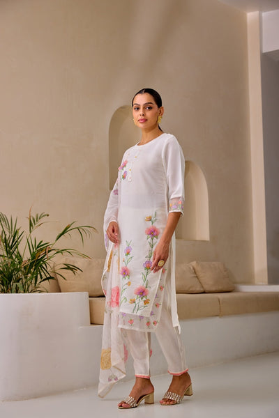 Neerus White Straight Embroidery Kurta And Trousers With Dupatta