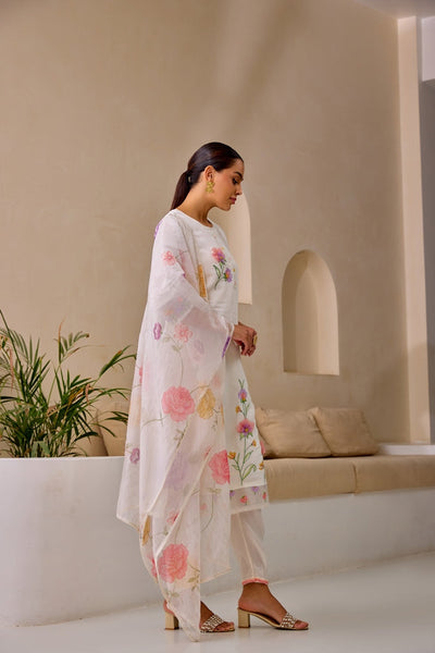 Neerus White Straight Embroidery Kurta And Trousers With Dupatta