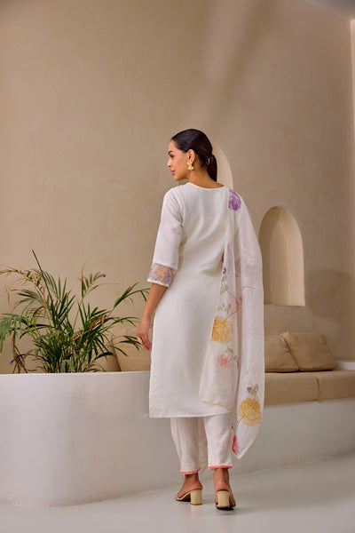 Neerus White Straight Embroidery Kurta And Trousers With Dupatta