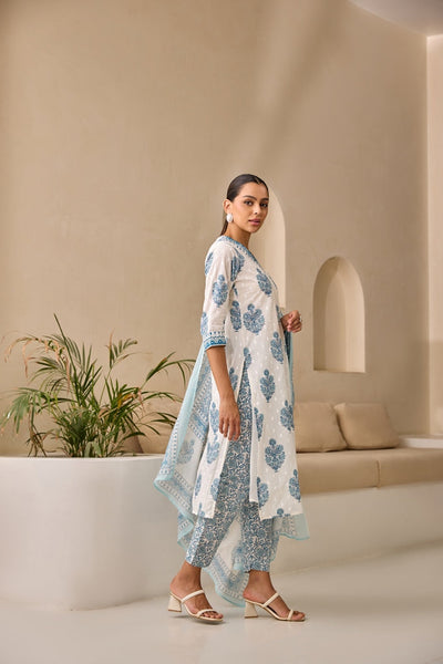 Neerus Blue Straight Printed Kurta And Trousers With Dupatta