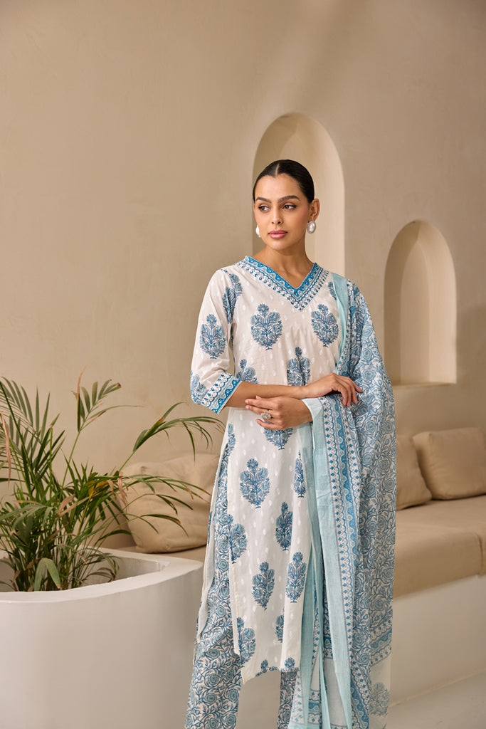 Neerus Blue Straight Printed Kurta And Trousers With Dupatta