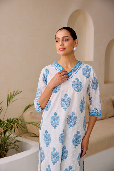 Neerus Blue Straight Printed Kurta And Trousers With Dupatta