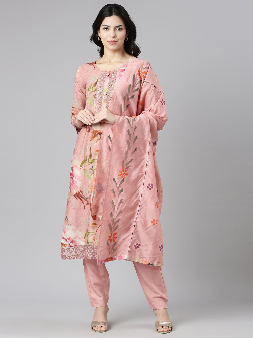 Neeru's Pink Regular Straight Printed Kurta And Trousers With Dupatta