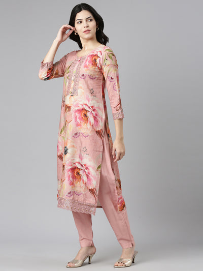 Neeru's Pink Regular Straight Printed Kurta And Trousers With Dupatta