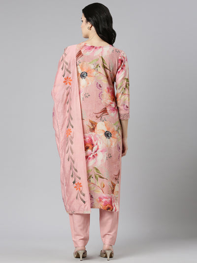 Neeru's Pink Regular Straight Printed Kurta And Trousers With Dupatta