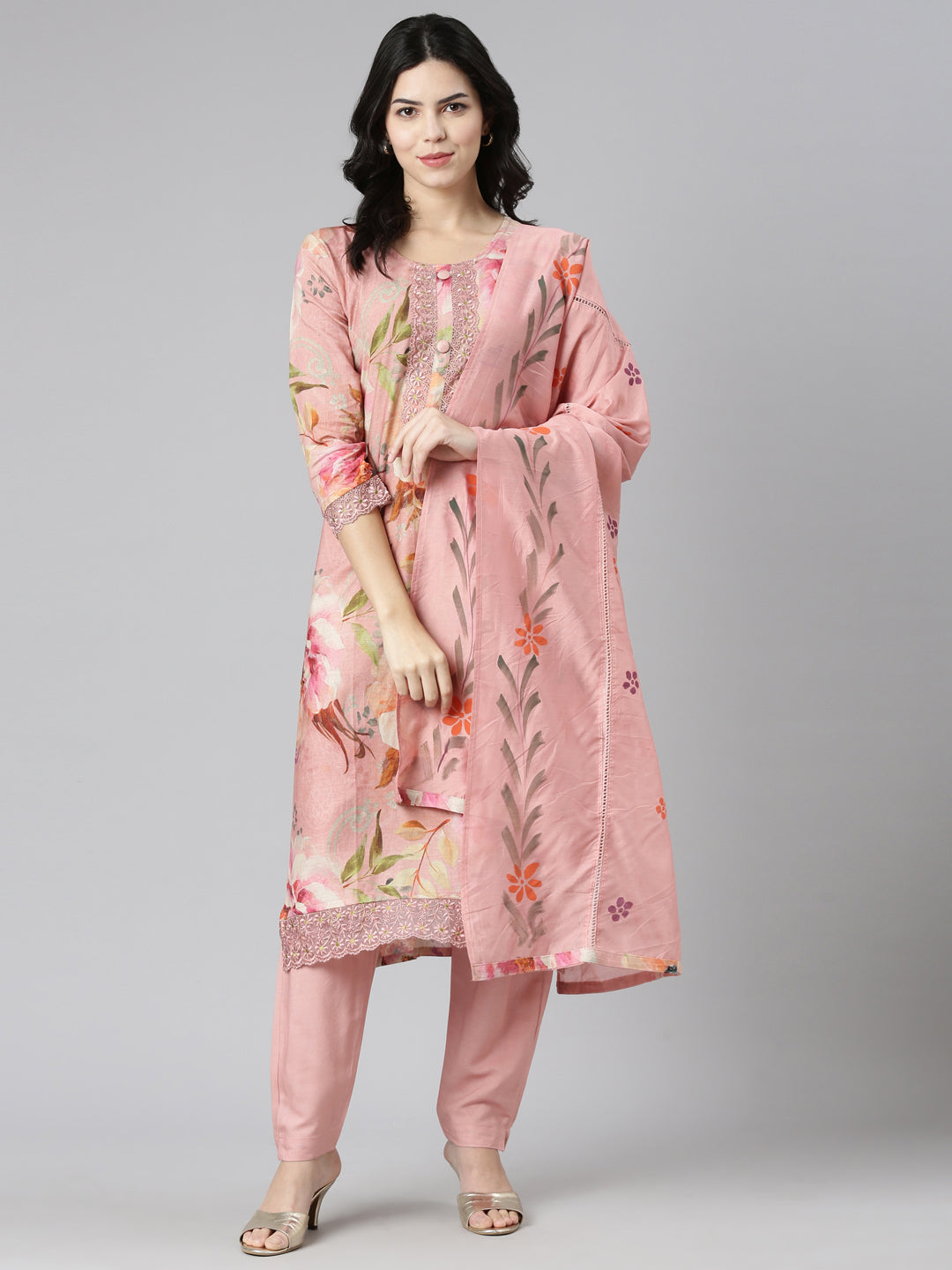 Neeru's Pink Regular Straight Printed Kurta And Trousers With Dupatta