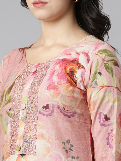 Neeru's Pink Regular Straight Printed Kurta And Trousers With Dupatta