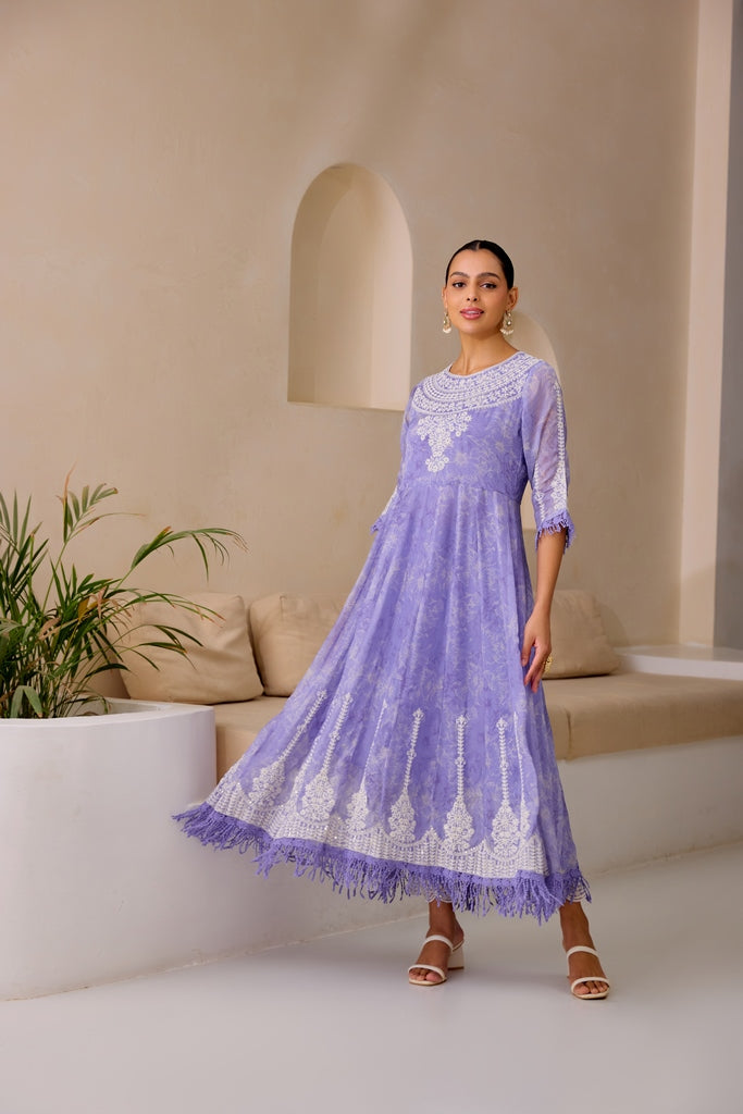 Neerus Lavender Flared Emblleshied Kurta And Trousers With Dupatta