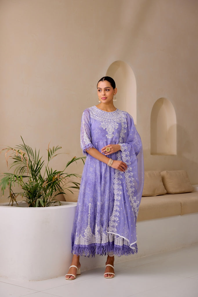 Neerus Lavender Flared Emblleshied Kurta And Trousers With Dupatta