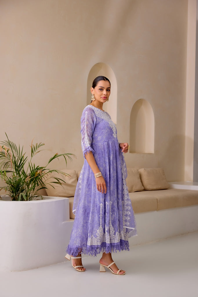 Neerus Lavender Flared Emblleshied Kurta And Trousers With Dupatta