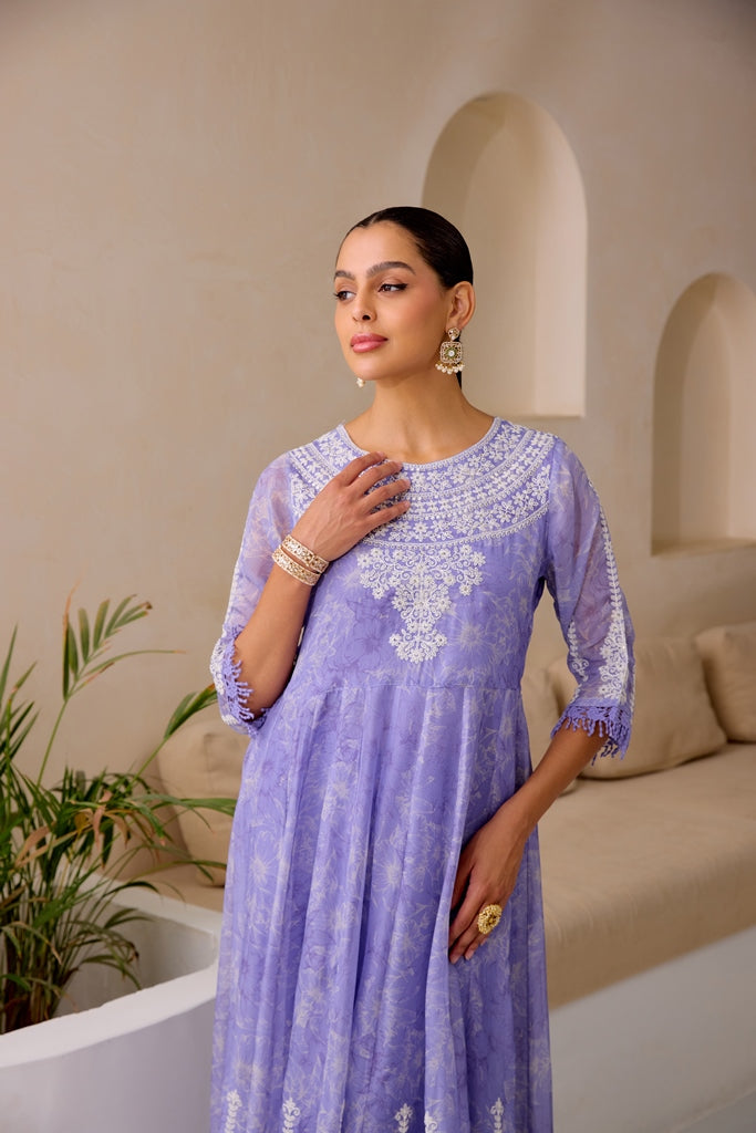 Neerus Lavender Flared Emblleshied Kurta And Trousers With Dupatta