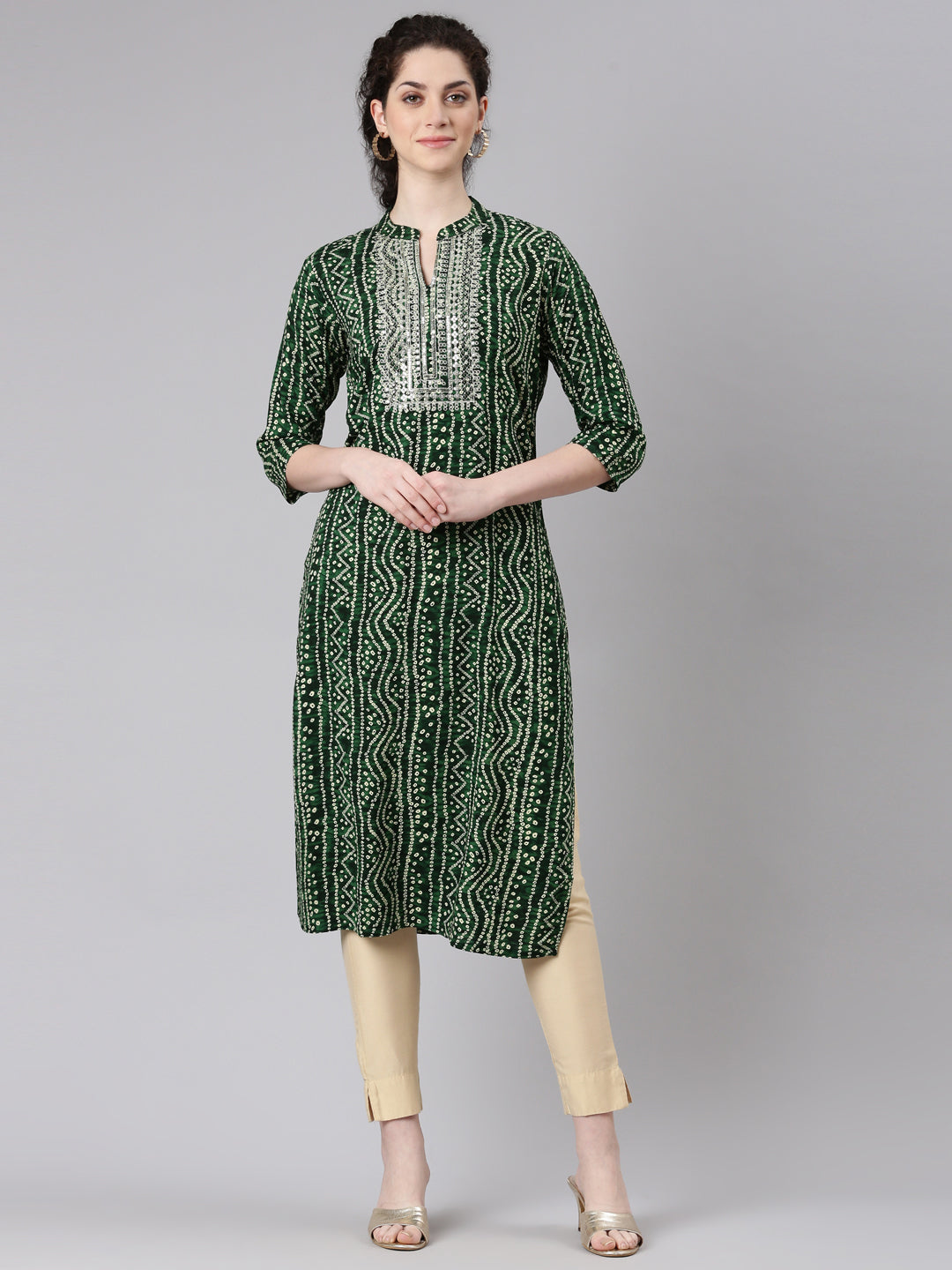 Neerus Green Straight Casual Bandhani Panelled Kurtas