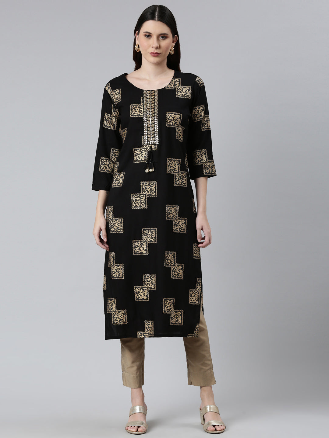 Neeru's Women Black Gold-Toned Cotton Printed Kurta